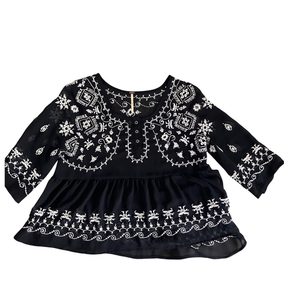 Free People Embroidered Babydoll Peplum Sheer Top XS Boho V-Neck 3/4 Sleeve